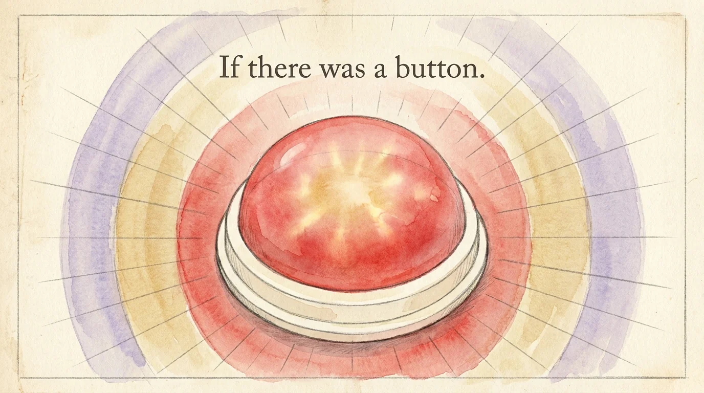 A classic red dome press-button with magical inner glow surrounded by concentric watercolor halos. Caption: If there was a button.