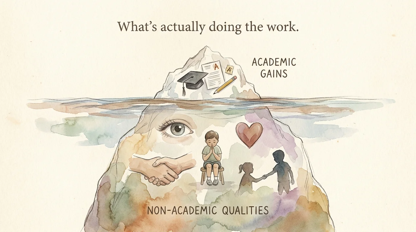 Iceberg: above the waterline, a small visible tip with academic gains (cap, A grade, pencil). Below, a vast hidden mass with curiosity, self-control, persistence, empathy. Caption: What's actually doing the work.