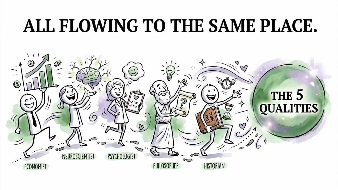 A procession of small character figures from different disciplines — economist with a graph, neuroscientist with a brain, psychologist with a clipboard, philosopher with a scroll, historian with a tome — all walking joyfully toward a glowing green sphere on the right labeled THE 5 QUALITIES. Caption: All flowing to the same place.