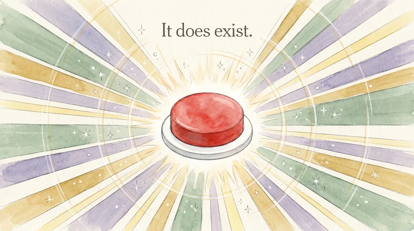 The same red dome button, now bursting with light — sunburst rays in sage, lavender, and gold radiating outward in all directions, sparkles in the air. Caption: It does exist.