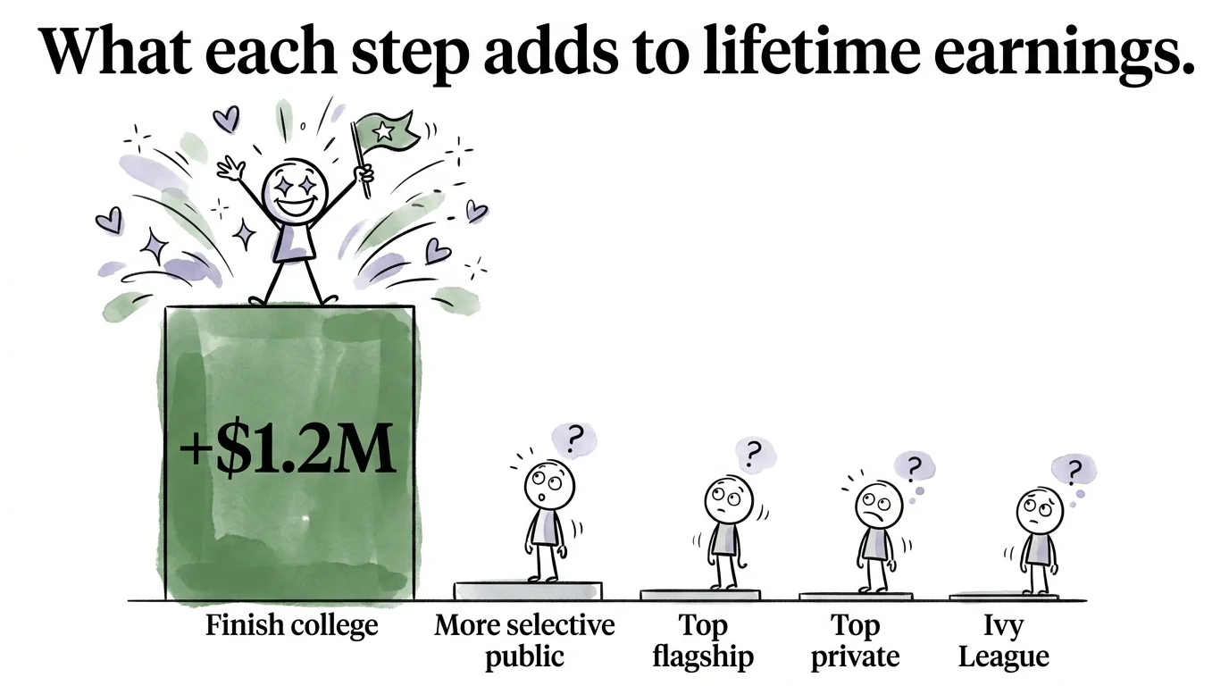 Bar chart with a triumphant character standing on a huge sage-green bar labeled +$1.2M, while four tiny puzzled characters stand on small slivers labeled More selective public, Top flagship, Top private, Ivy League. Caption: What each step adds to lifetime earnings.