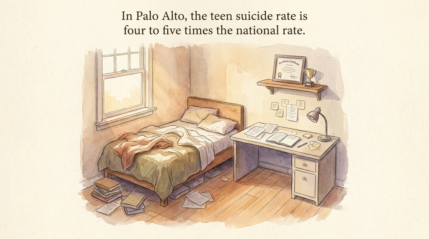 A teen's empty bedroom in soft watercolor with dawn light through the window — caption: In Palo Alto, the teen suicide rate is four to five times the national rate.
