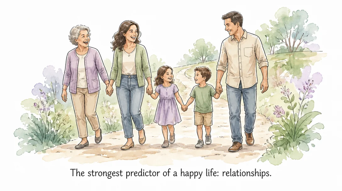 Three generations of a family — grandmother, parents, and two children holding hands — walking a gentle path through sage and lavender watercolor planting. Caption: The strongest predictor of a happy life: relationships.