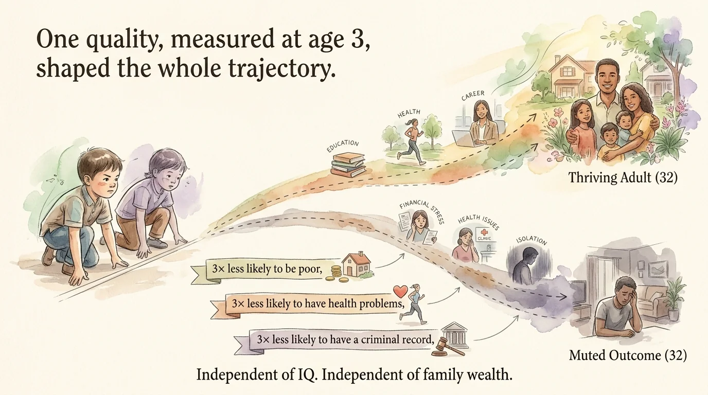 Two children at a starting line at age 3, with diverging trajectories leading to two outcomes by age 32. The high self-control path leads to thriving — 3× less likely to be poor, ill, or have a criminal record. Independent of IQ and family wealth.