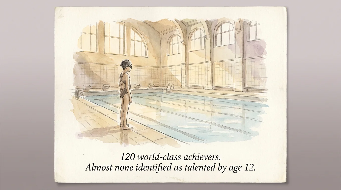 A young swimmer alone at dawn beside an empty pool — caption: 120 world-class achievers. Almost none identified as talented by age 12.