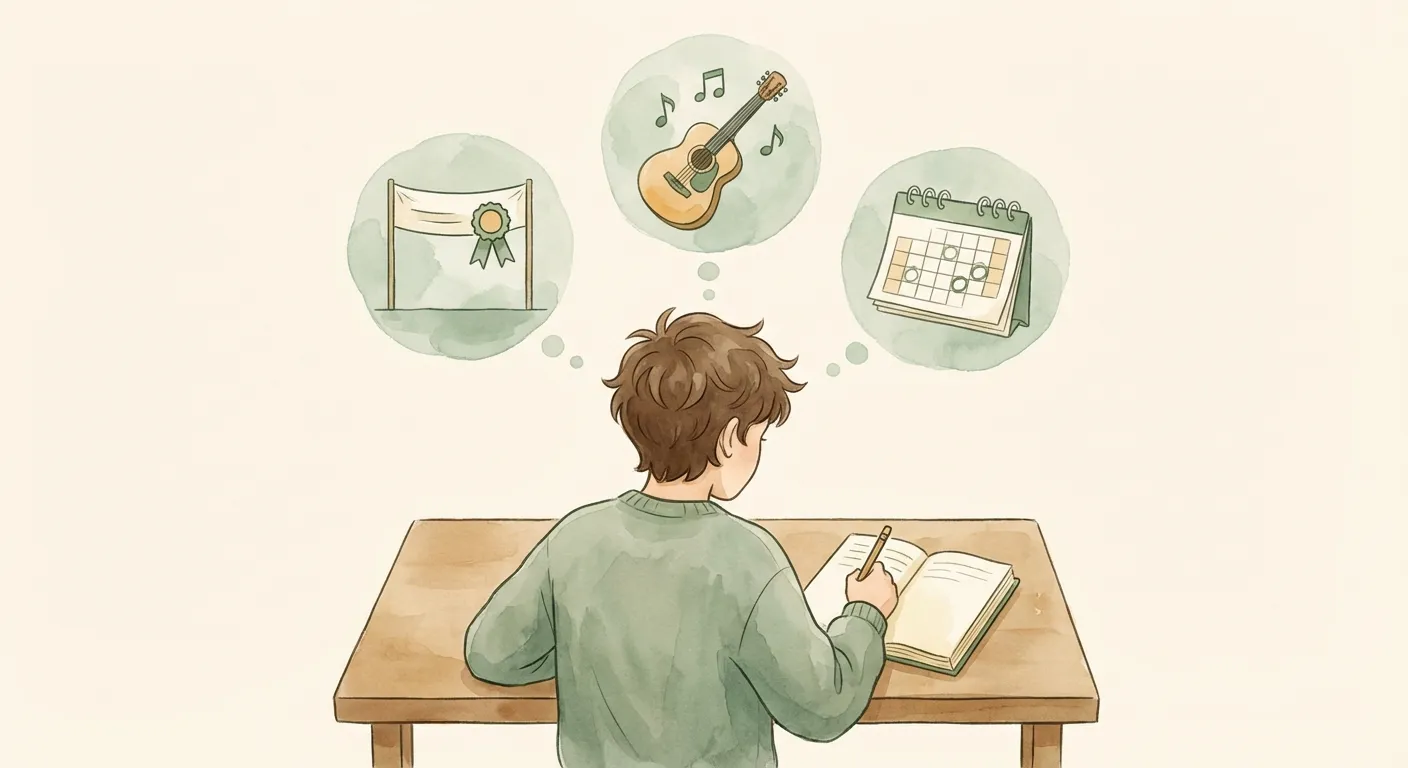 A teenager journaling goals with thought bubbles showing concrete targets
