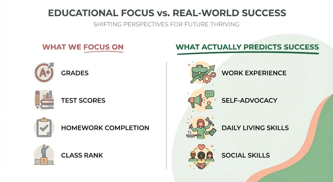 Infographic comparing what we focus on (grades, test scores, homework) versus what actually predicts success (work experience, self-advocacy, daily living skills, social skills)