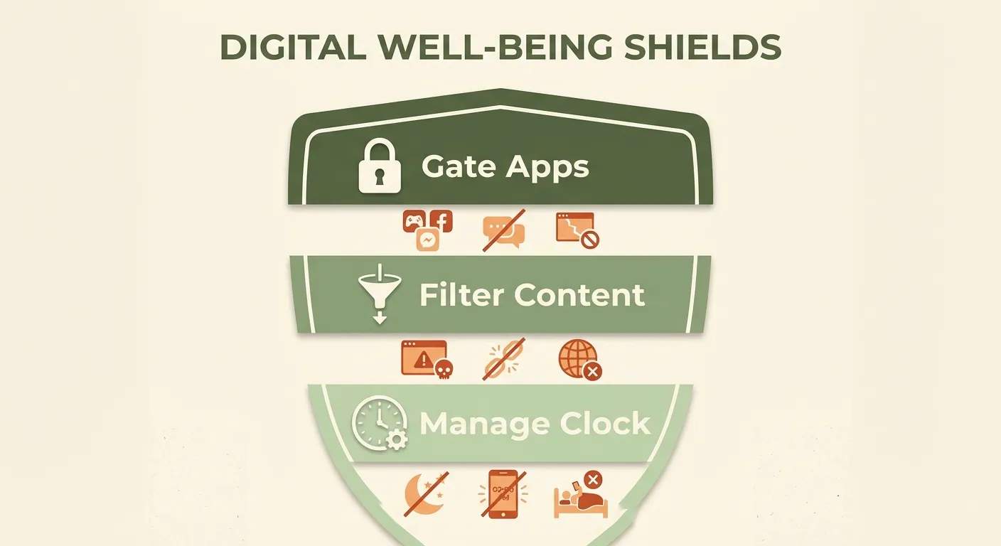 Three protective layers: gate apps, filter content, manage the clock