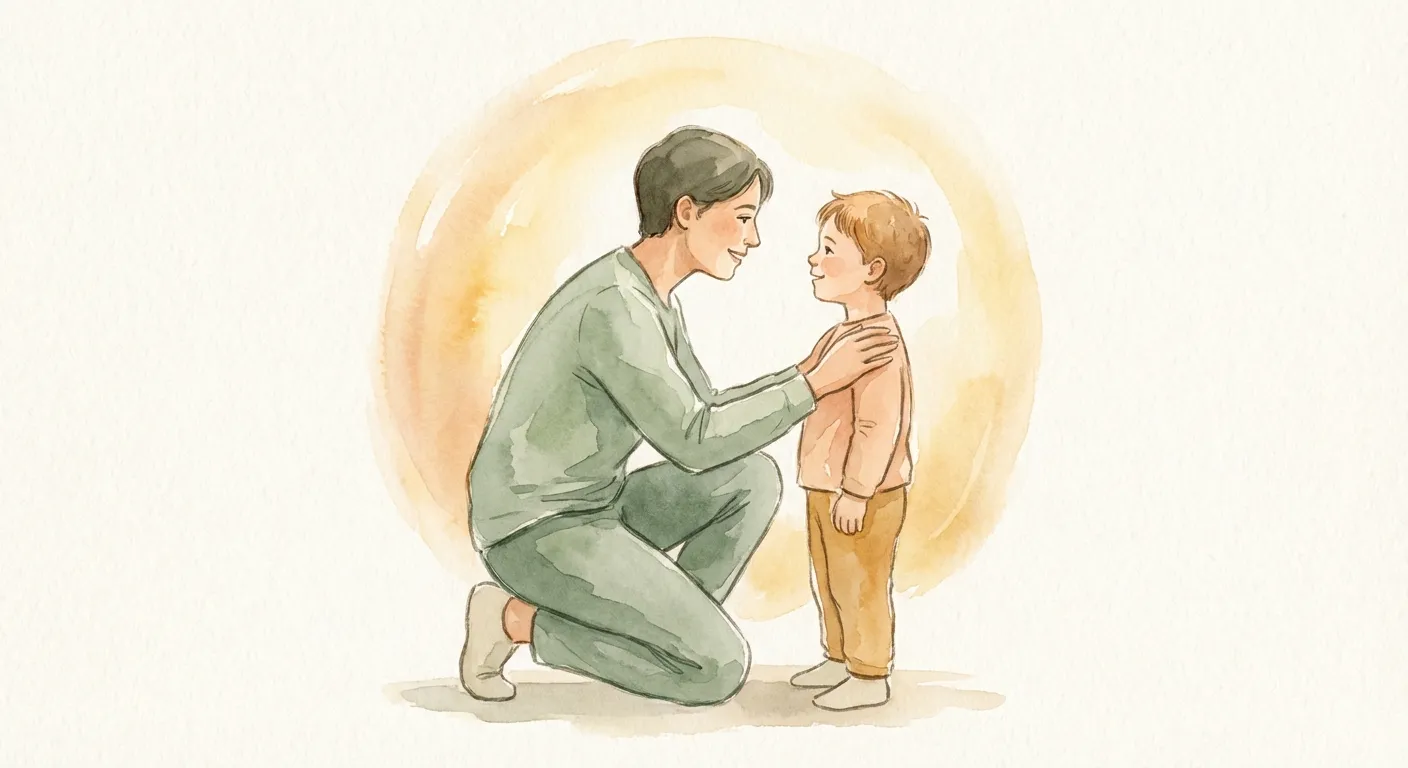 A parent kneeling at eye level with a child, warm golden light around them -- the moment of repair