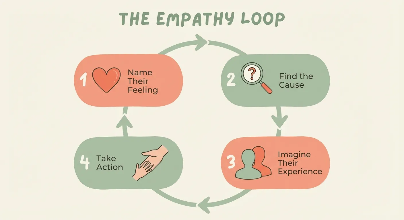 Four-step perspective flip: identify the feeling, find the cause, imagine their experience, take action
