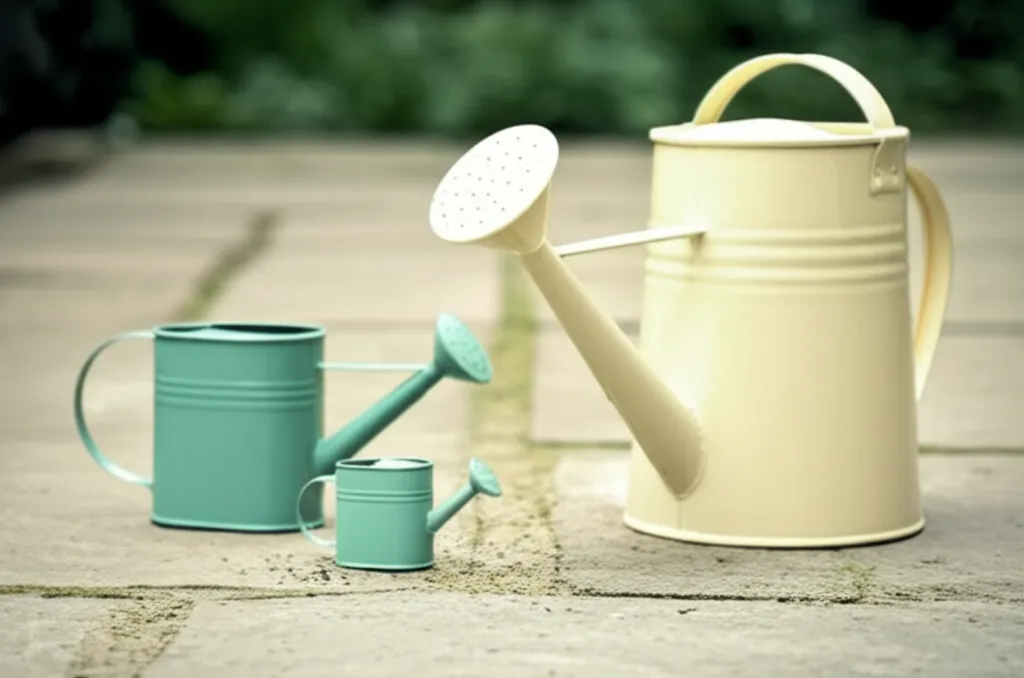 Illustration of two watering cans side by side — one small child-sized and one adult-sized — symbolizing kids working alongside parents