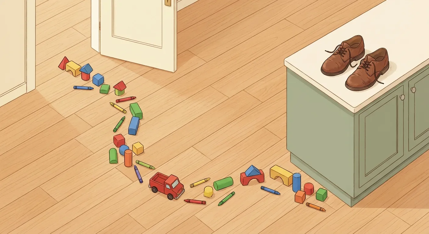 Bird's-eye view of a toy trail on a wooden floor leading to adult shoes at a kitchen counter