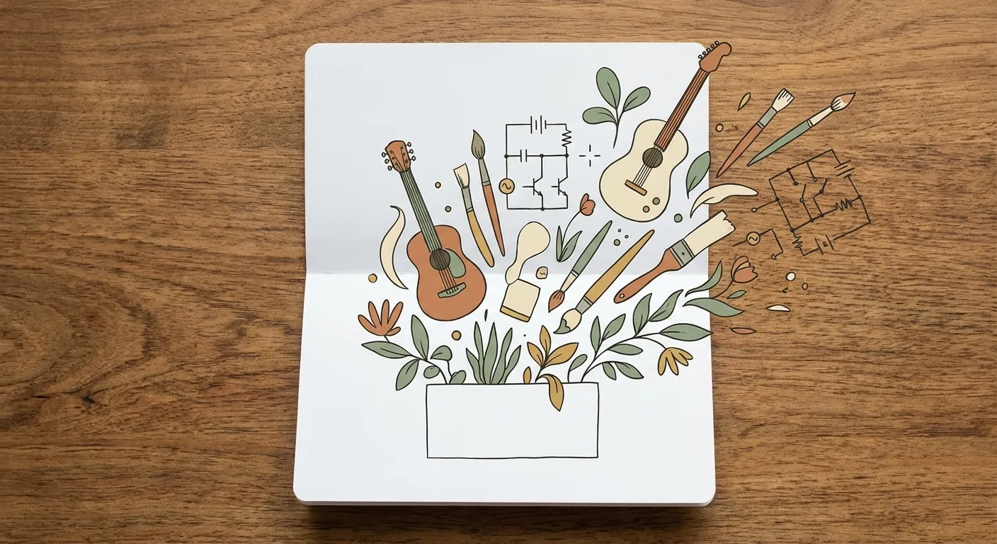 Illustrated passbook with creative doodles spilling out, representing a teen's inner confidence account