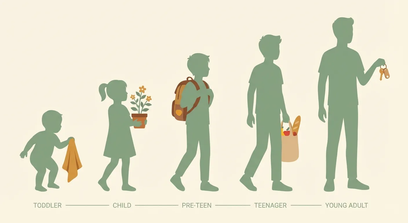 A child climbing a responsibility ladder from simple tasks to full independence