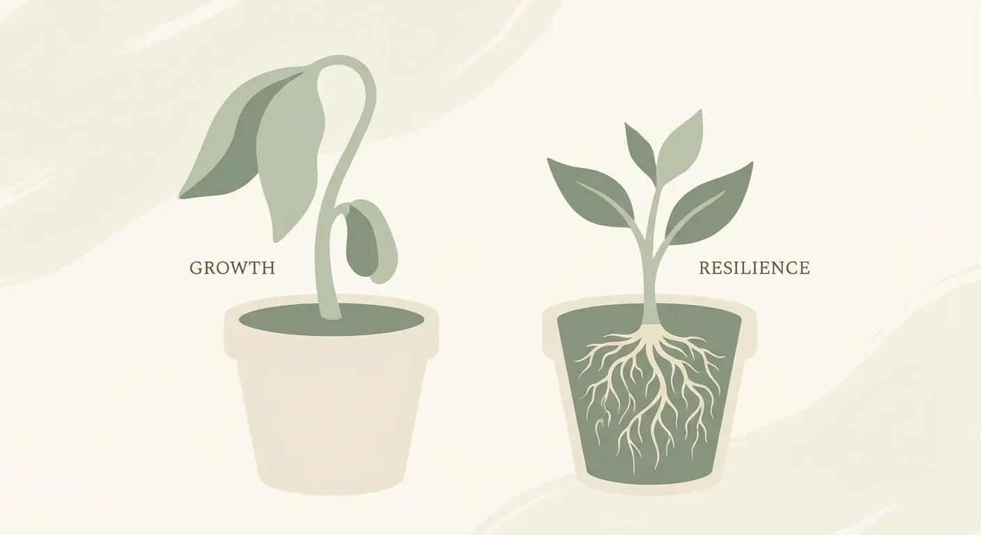Two seedlings side by side — one wilting, one with deep roots growing strong, watercolor illustration