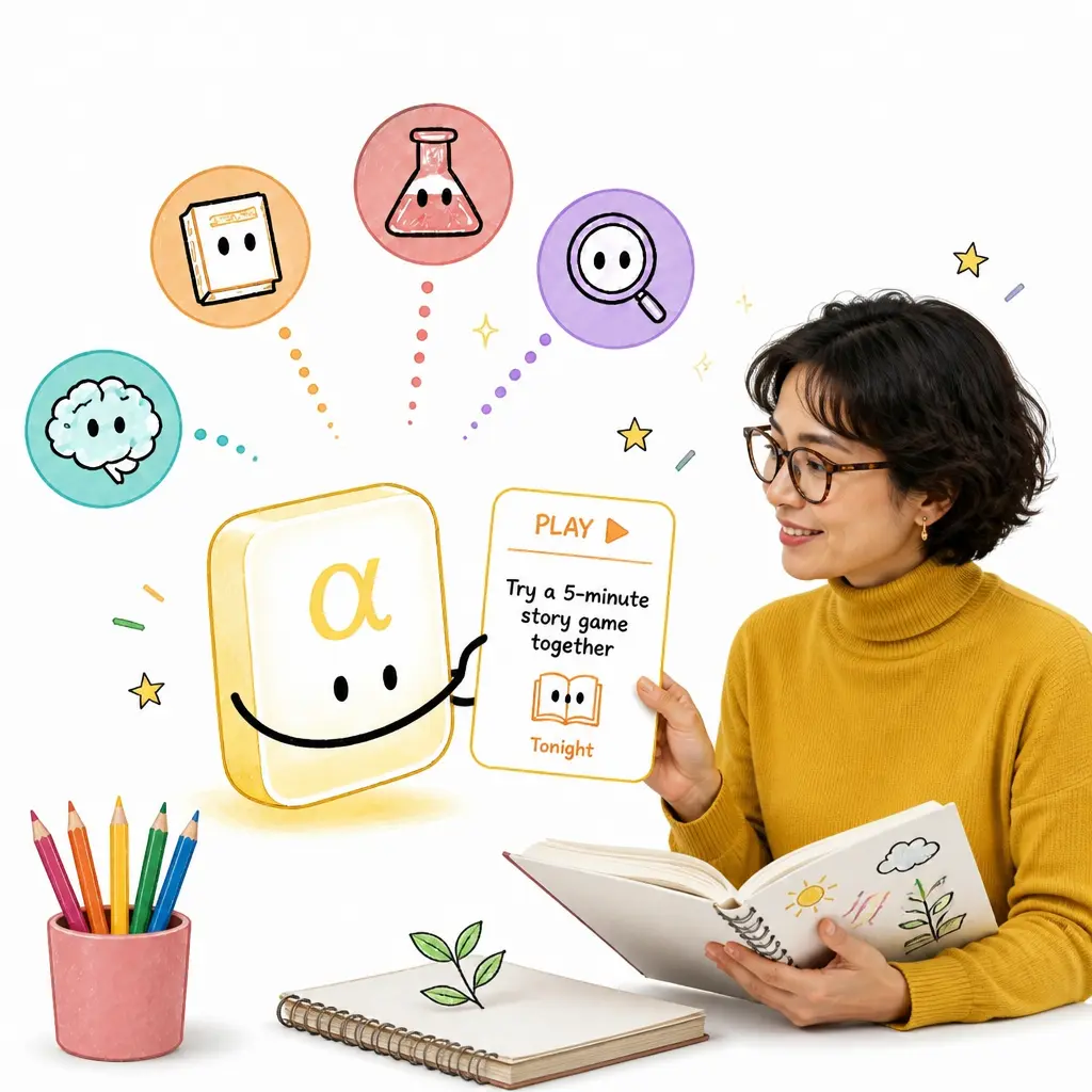 The Alpha co-pilot handing a parent a 'play' card — try a 5-minute story game together tonight — with its helper agents around it.