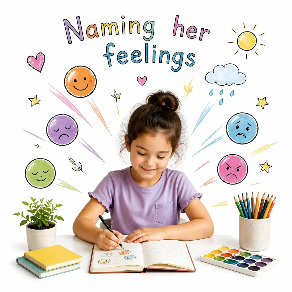A child sitting at a desk, drawing emoji faces in a journal — naming her feelings.