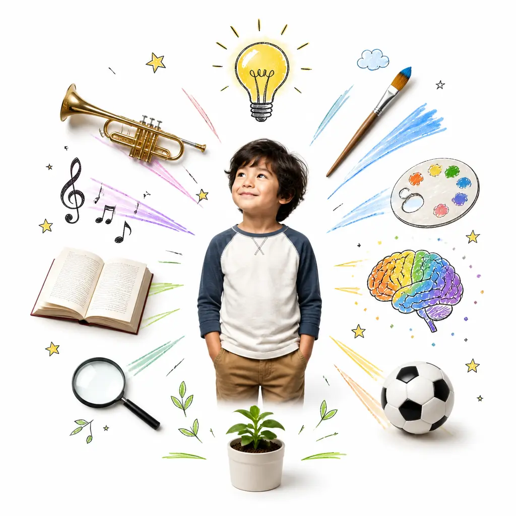 A child surrounded by the full spectrum of abilities blossoming outward — music, art, reading, science, sport.
