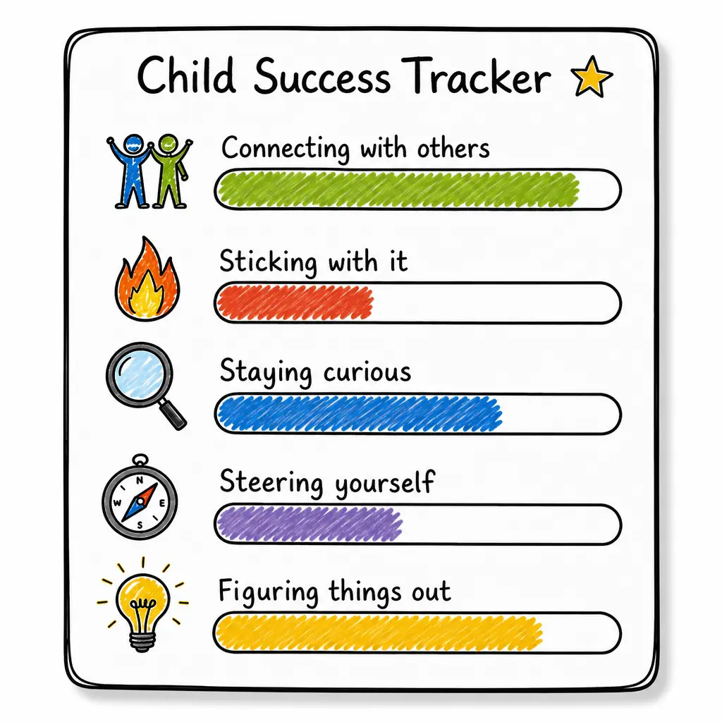 A confident child presenting their Child Success Tracker — five abilities, each at a different level.